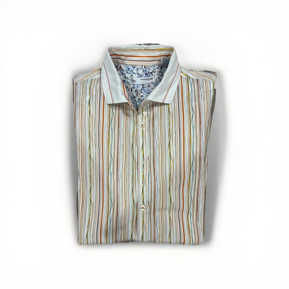 POGGIANTI 1958 MENS CASUAL BUTTON SHIRT LARGE ORANGE BLUE FLOWERS MADE IN ITALY